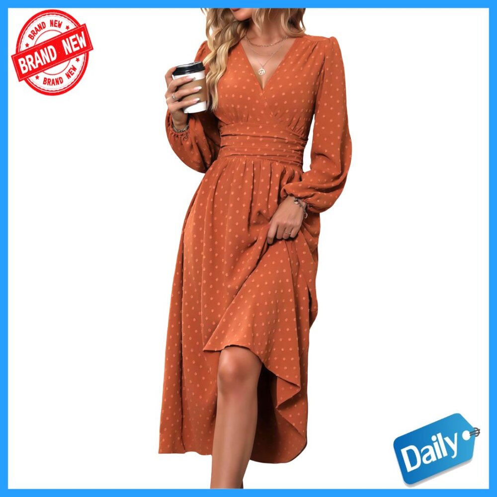 Swiss Dot Maxi Dress V-Neck Long Lantern Sleeves A-Line Flowy Casual
